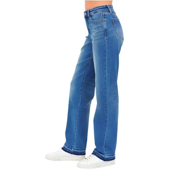 Womens Plus Size Denim Jeans Mid Rise Dark Wash Release Hem High Stretch - Picture 3 of 6